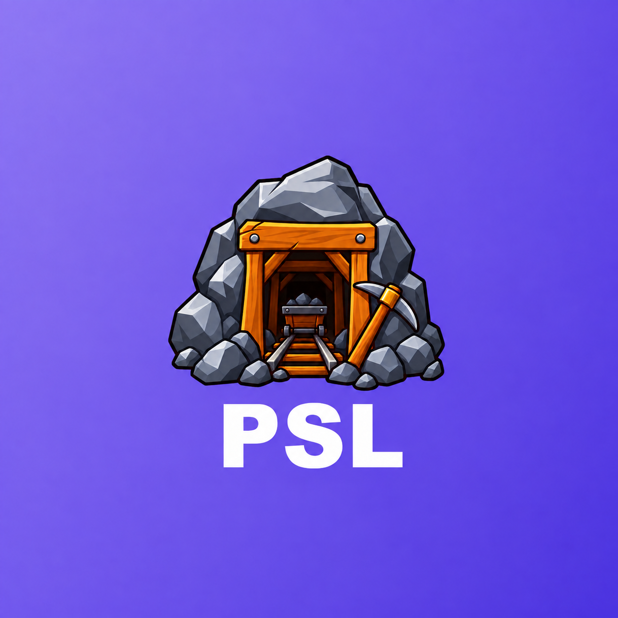 보라색 배경 위 곡괭이와 광산 입구가 그려진 PSL 앱 아이콘